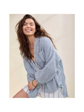 Aerie Daybreak Coverup Oversized Gauze Cotton Shirt Relaxed Striped Beach XL